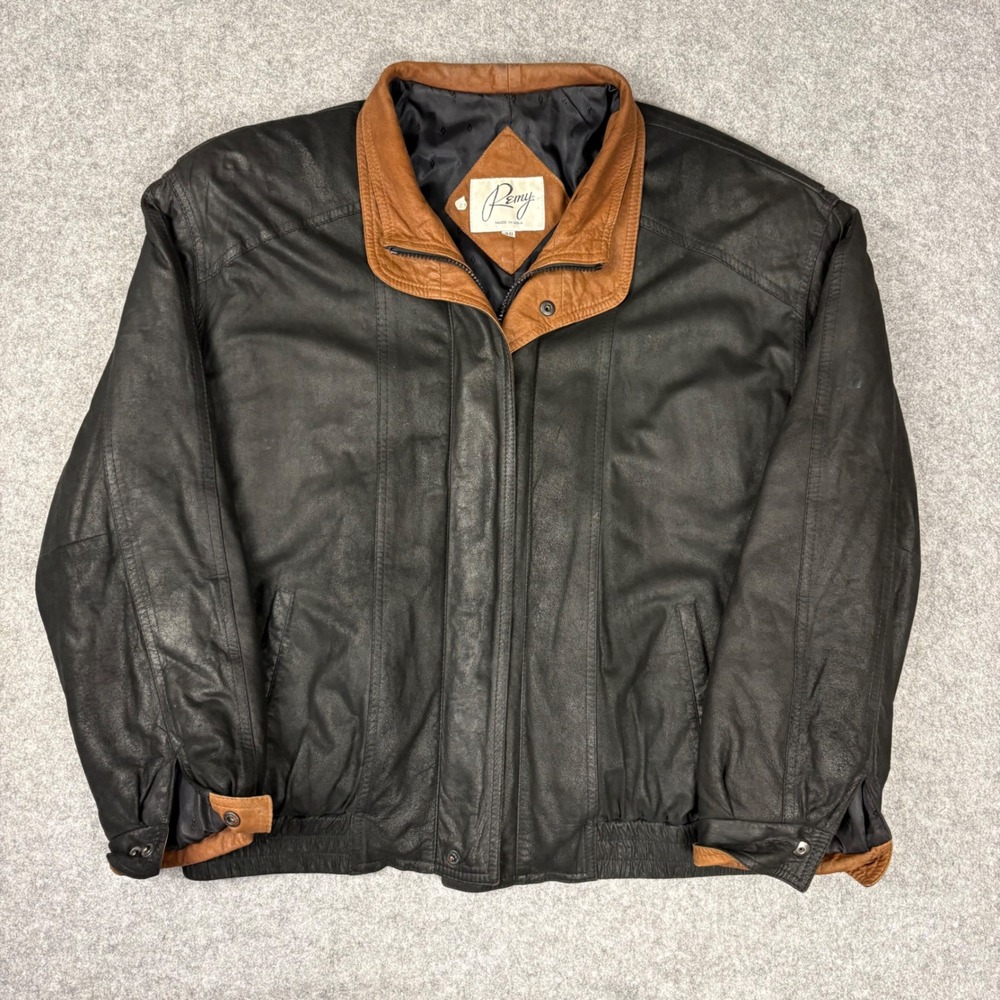 Remy‎ Leather Bomber Jacket Mens 48 Black Brown Two Tone Made in USA Vintage